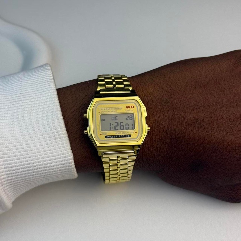 Mens Gold Digital Watch Retro Alarm Chronograph Water Resist Metal Band 8.5 Inch